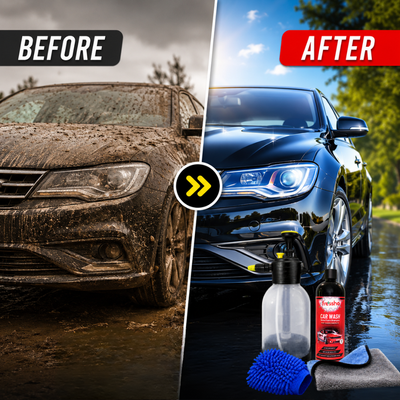 Fressho Car Wash Kit - Snow Foam Car Shampoo (500 ML), Foam Sprayer, Double Side Duster Gloves, Microfiber Cloth | Complete Interior & Exterior Car Cleaning Accessories