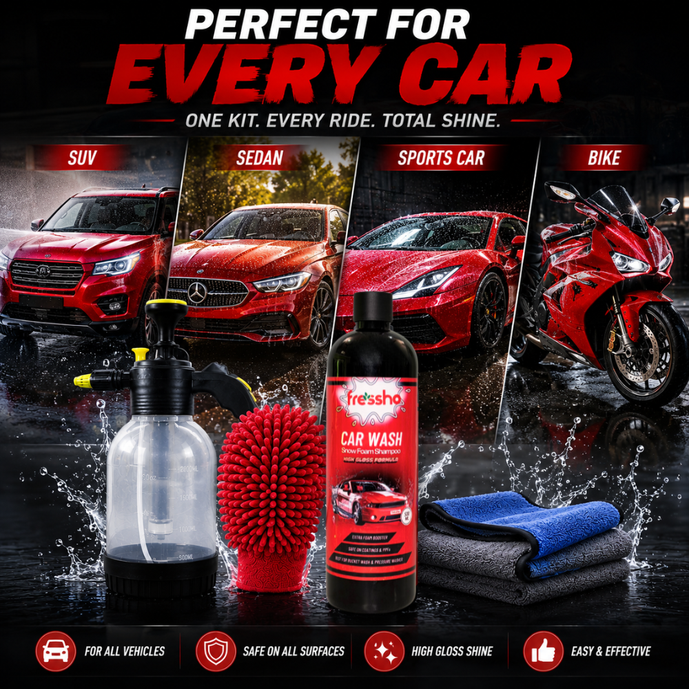 Fressho Car Wash Kit -  Snow Foam Car Shampoo (500 ML), Foam Sprayer, Double Side Duster Gloves, Microfiber Cloth | Complete Interior & Exterior Car Cleaning Accessories