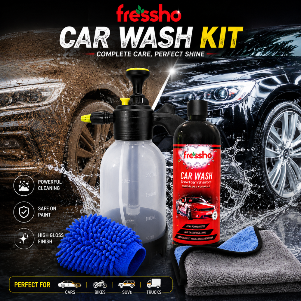 Fressho Car Wash Kit -  Snow Foam Car Shampoo (500 ML), Foam Sprayer, Double Side Duster Gloves, Microfiber Cloth | Complete Interior & Exterior Car Cleaning Accessories