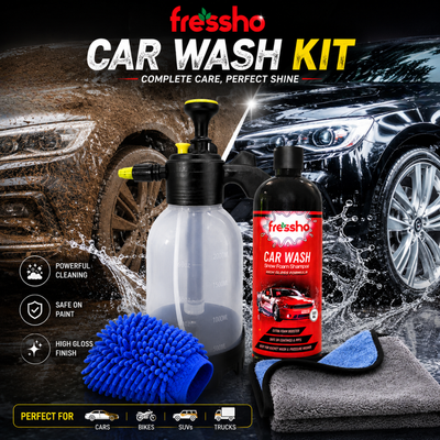 Fressho Car Wash Kit -  Snow Foam Car Shampoo (500 ML), Foam Sprayer, Double Side Duster Gloves, Microfiber Cloth | Complete Interior & Exterior Car Cleaning Accessories