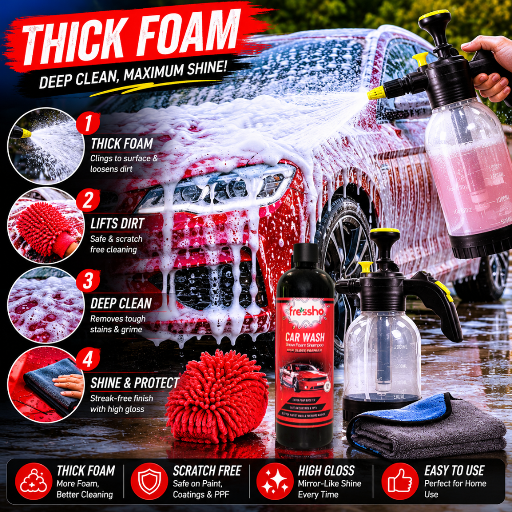 Fressho Car Wash Kit -  Snow Foam Car Shampoo (500 ML), Foam Sprayer, Double Side Duster Gloves, Microfiber Cloth | Complete Interior & Exterior Car Cleaning Accessories