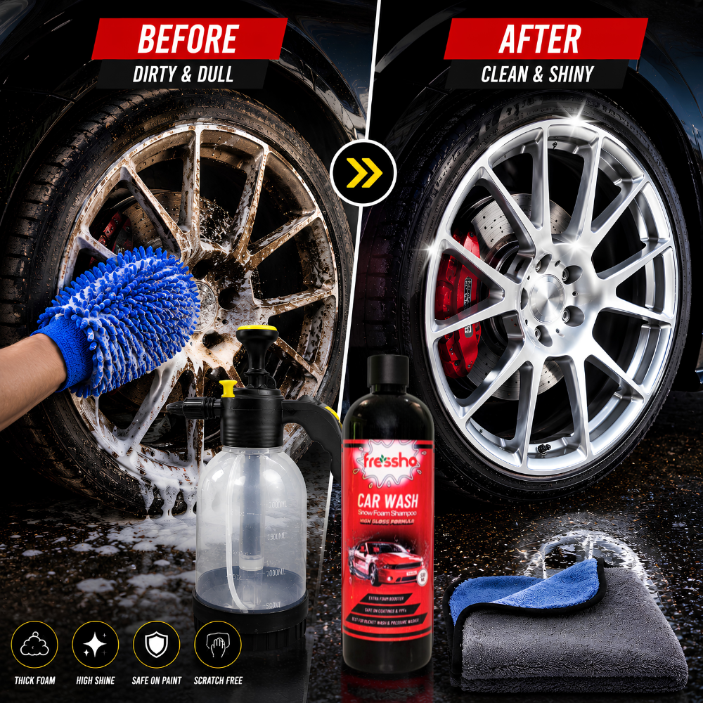 Fressho Car Wash Kit -  Snow Foam Car Shampoo (500 ML), Foam Sprayer, Double Side Duster Gloves, Microfiber Cloth | Complete Interior & Exterior Car Cleaning Accessories
