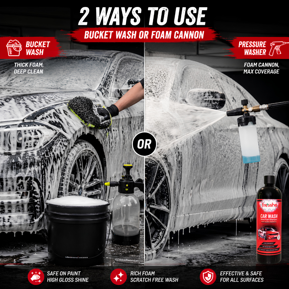 Fressho Car Wash Kit -  Snow Foam Car Shampoo (500 ML), Foam Sprayer, Double Side Duster Gloves, Microfiber Cloth | Complete Interior & Exterior Car Cleaning Accessories