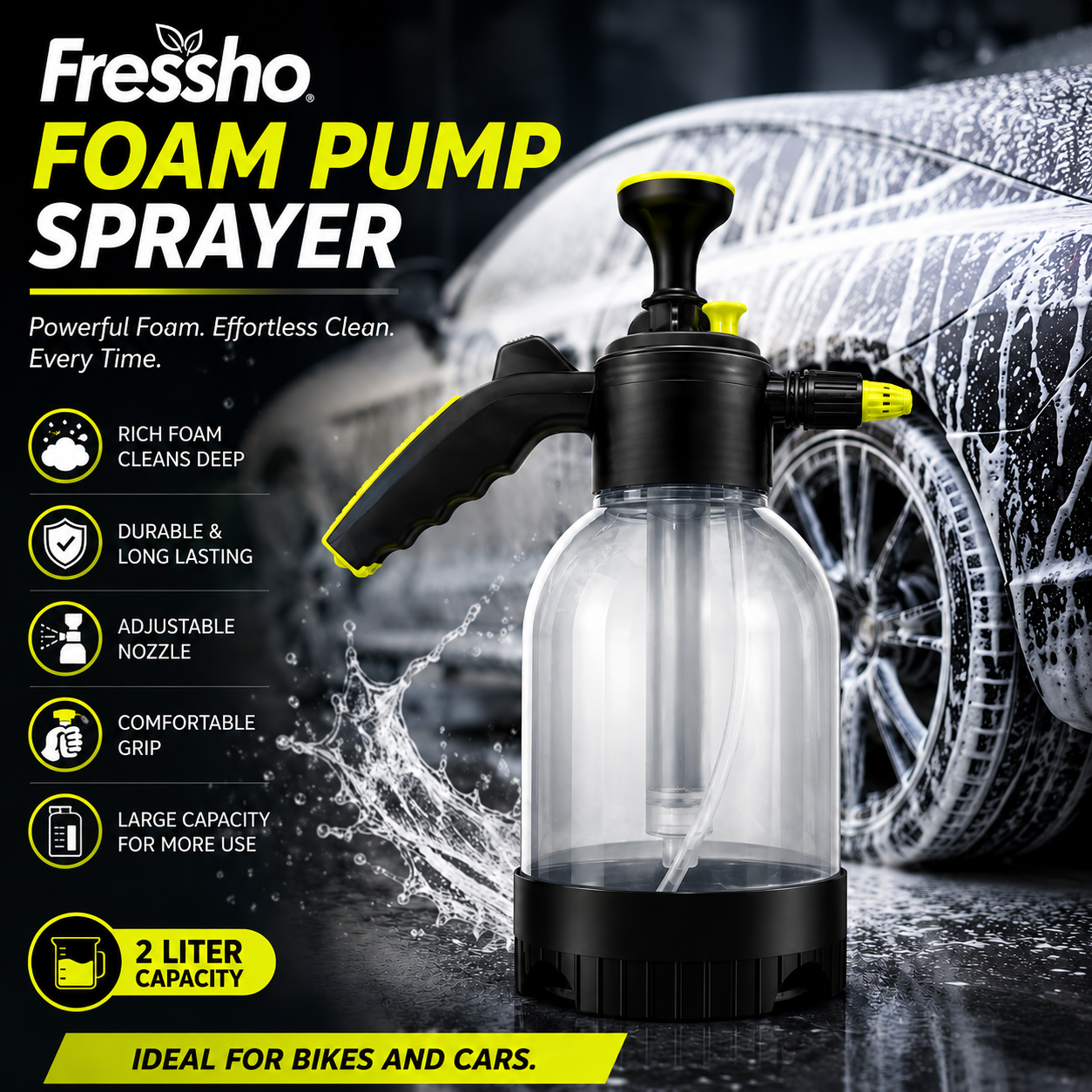 Fressho Car Wash Kit -  Snow Foam Car Shampoo (500 ML), Foam Sprayer, Double Side Duster Gloves, Microfiber Cloth | Complete Interior & Exterior Car Cleaning Accessories