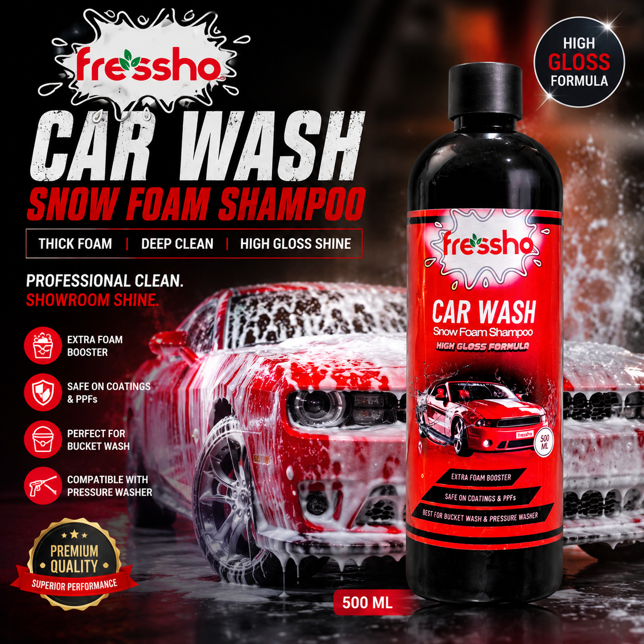 Fressho Car Wash Kit -  Snow Foam Car Shampoo (500 ML), Foam Sprayer, Double Side Duster Gloves, Microfiber Cloth | Complete Interior & Exterior Car Cleaning Accessories