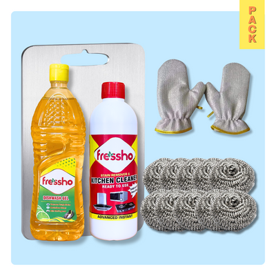 Advanced Kitchen Pack - Cleaner, Dishwash Gel, Scrubbers, Gloves & Chopping Board Combo