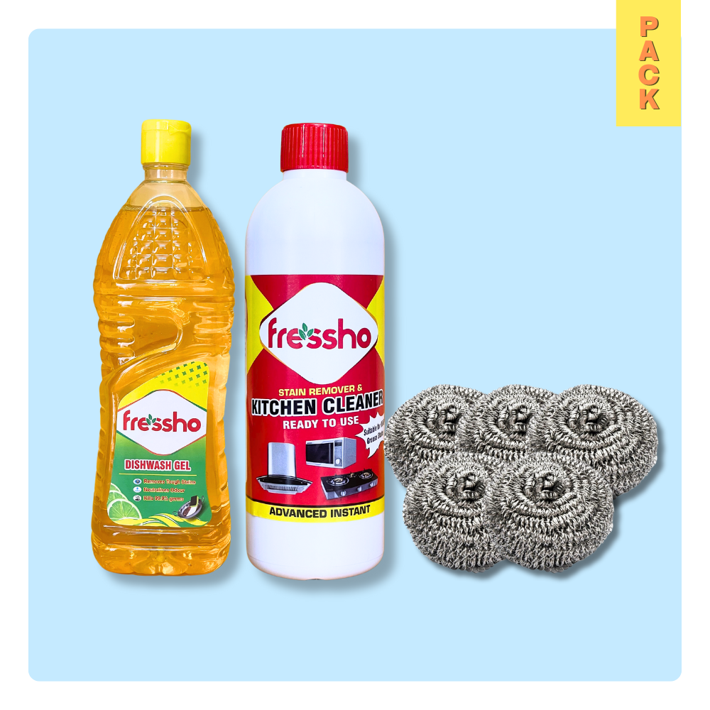 Essential Kitchen Cleaning Pack – Dishwash Gel, Kitchen Cleaner & Steel Scrubbers Combo