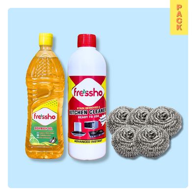 Essential Kitchen Cleaning Pack – Dishwash Gel, Kitchen Cleaner & Steel Scrubbers Combo